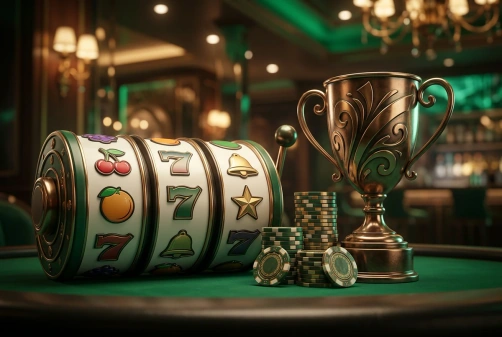 Spelhjul med frukter och sjuor tillsammans med pokal och marker